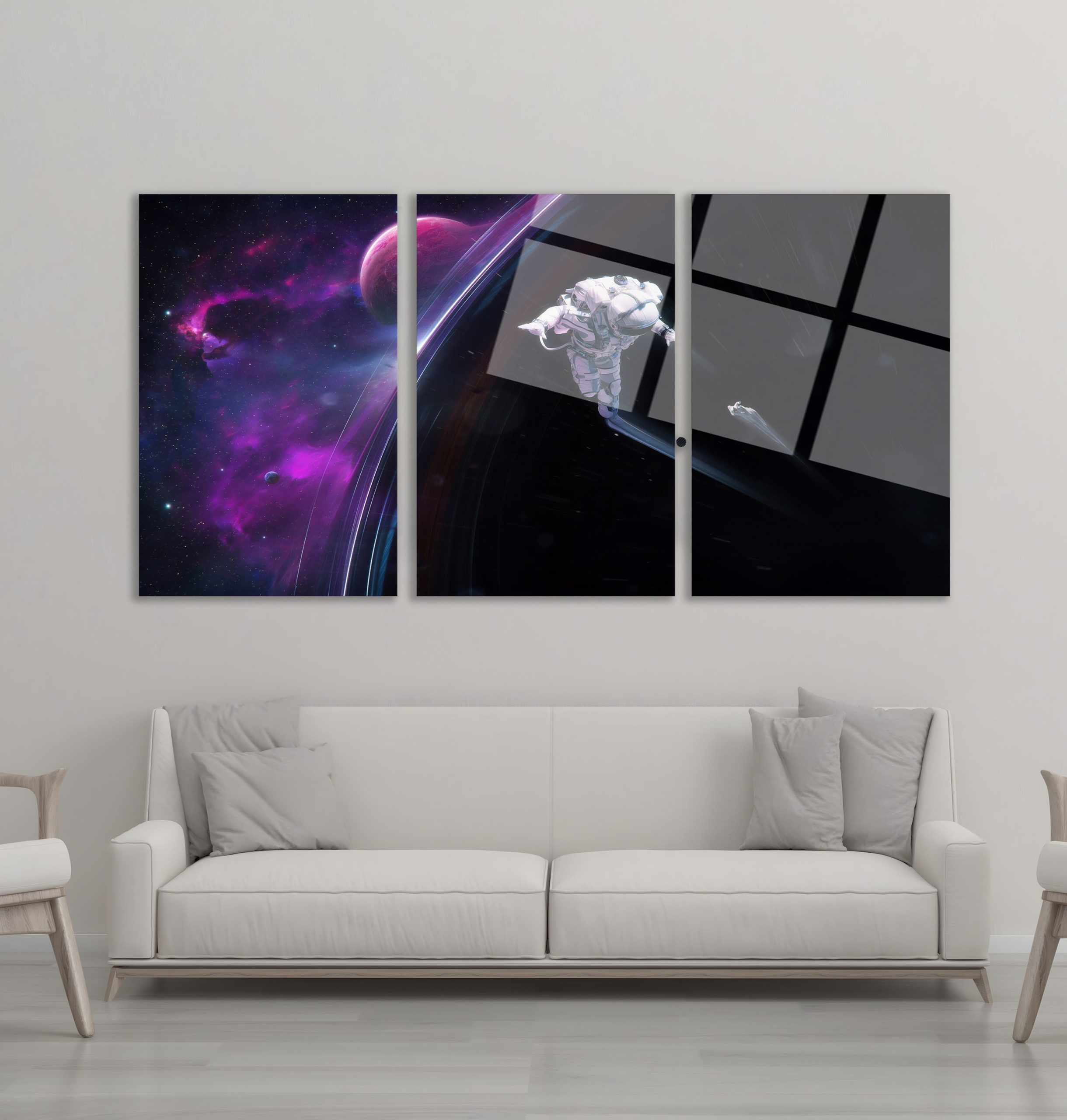 3'lü Set Cam Tablo Astronot Satürn Uzayda Süzülme Dekorasyon