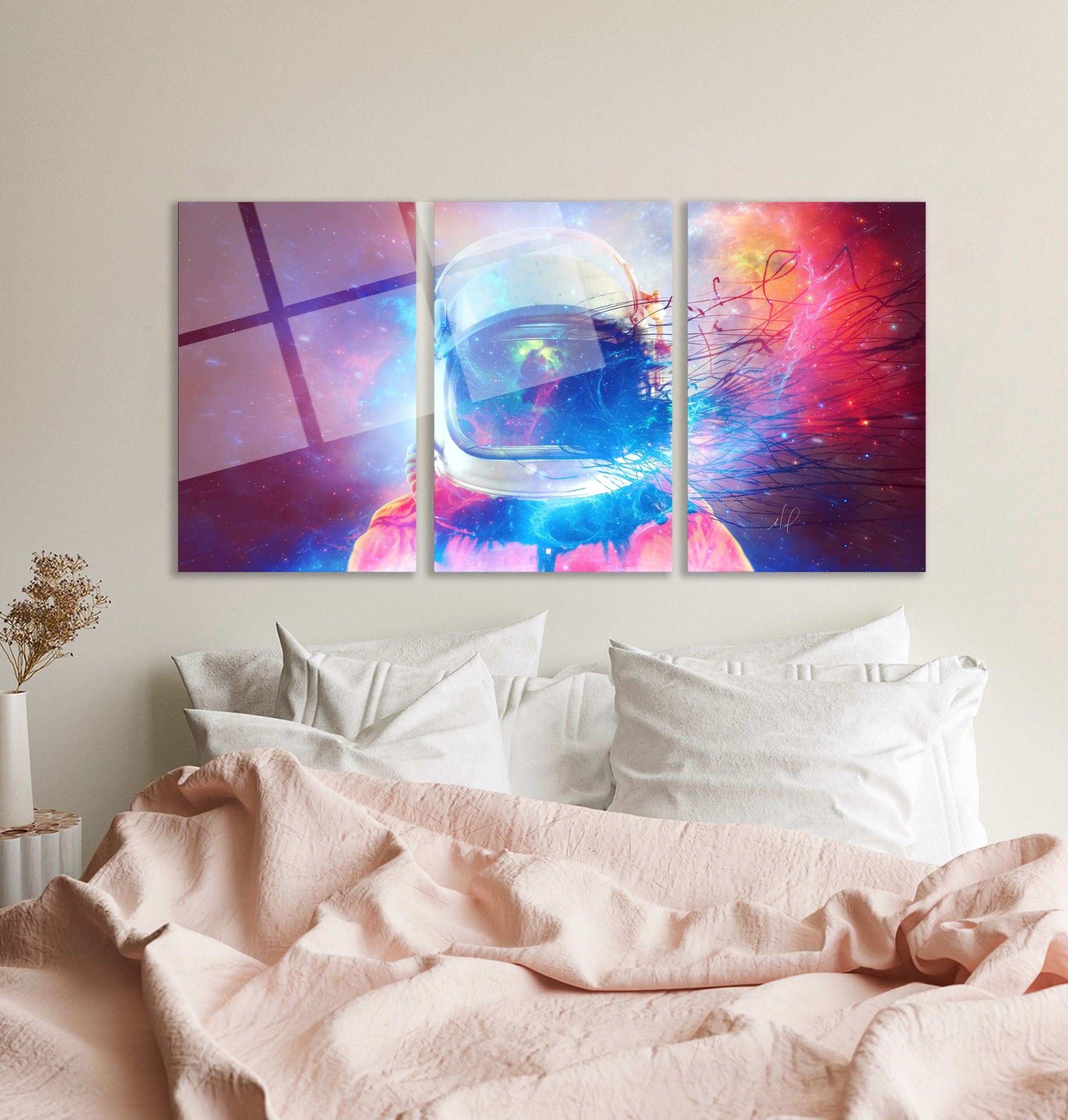 3'lü Set Cam Tablo Renkli Astronot Uzay Kask Dijital Sanat Dekorasyon - Görsel 4