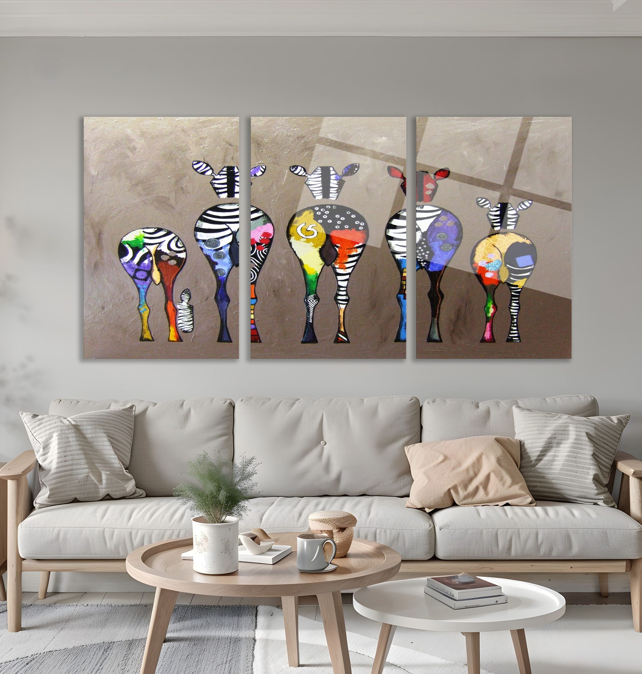 3'lü Set Cam Tablo Renkli Zebra Pop Art Hayvan Figürlü Dekorasyon - Görsel 5