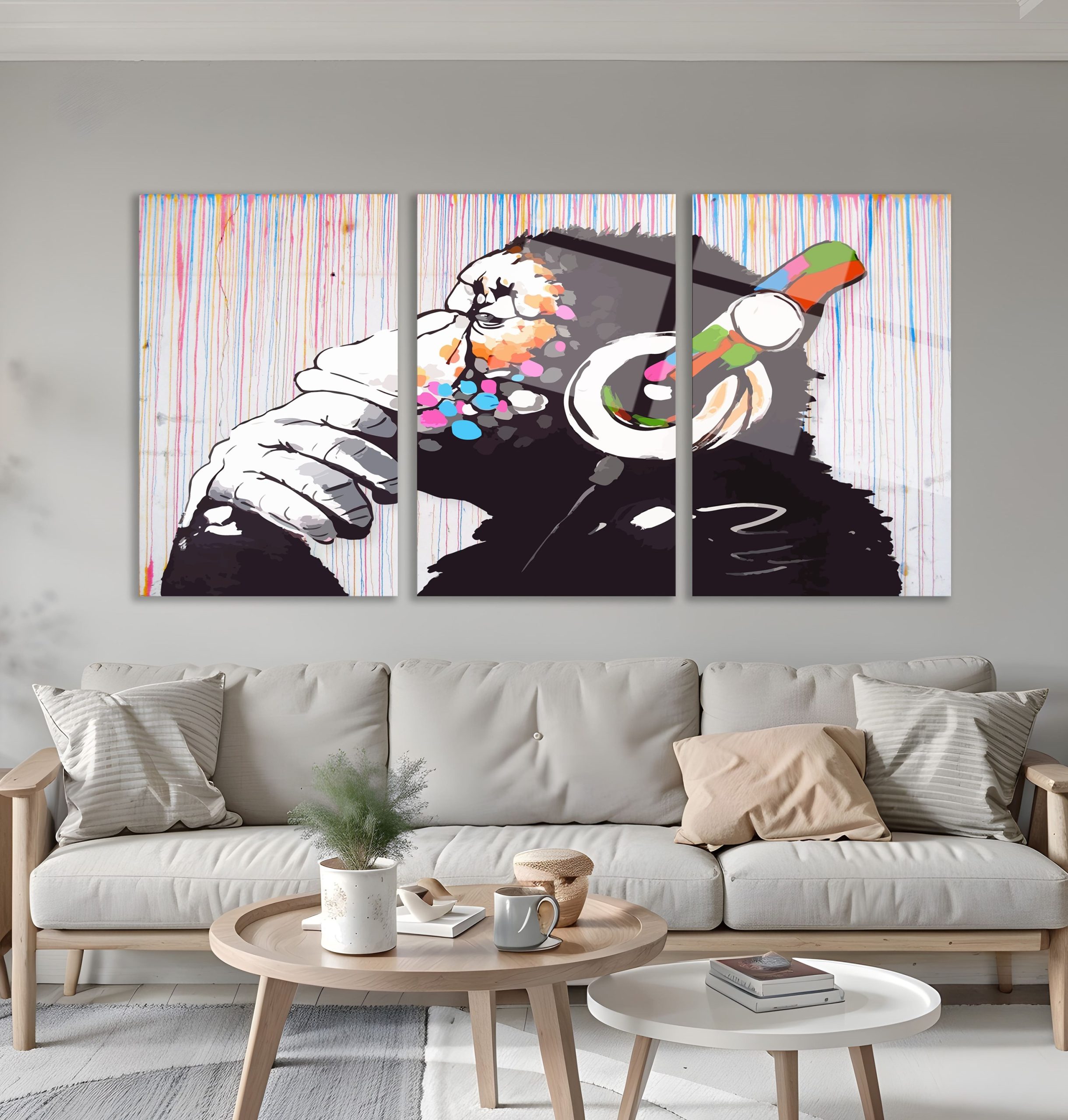 3'lü Set Cam Tablo Kulaklıklı Goril Banksy Pop Art Dekorasyon - Görsel 3