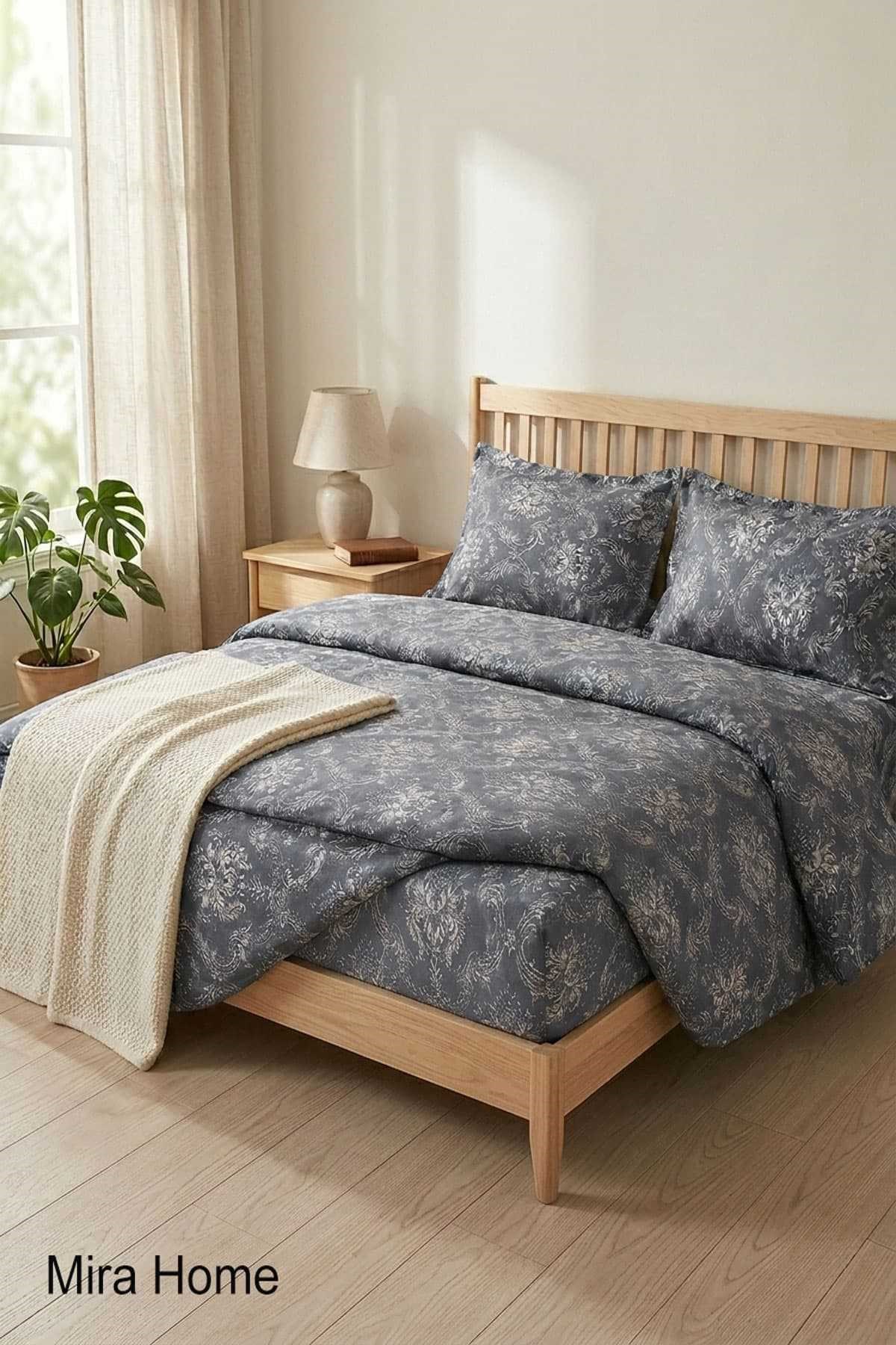 Vintage Desen Pamuklu Lastikli Çarşaflı Çift Kişilik Nevresim Takımı Gri 180x200 Cm