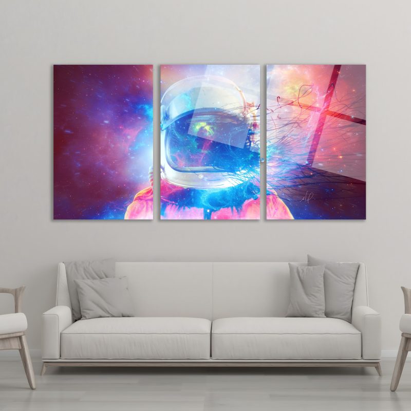 3'lü Set Cam Tablo Renkli Astronot Uzay Kask Dijital Sanat Dekorasyon
