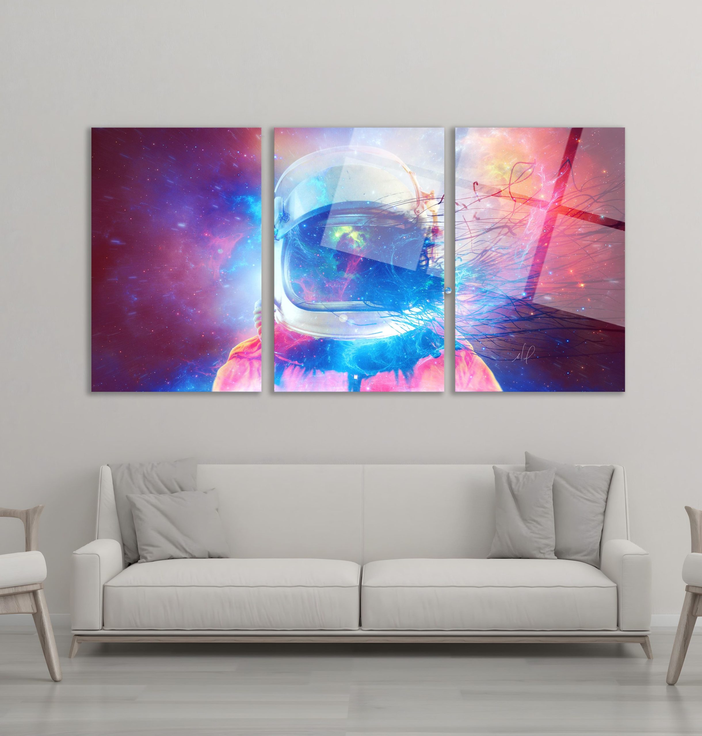 3'lü Set Cam Tablo Renkli Astronot Uzay Kask Dijital Sanat Dekorasyon
