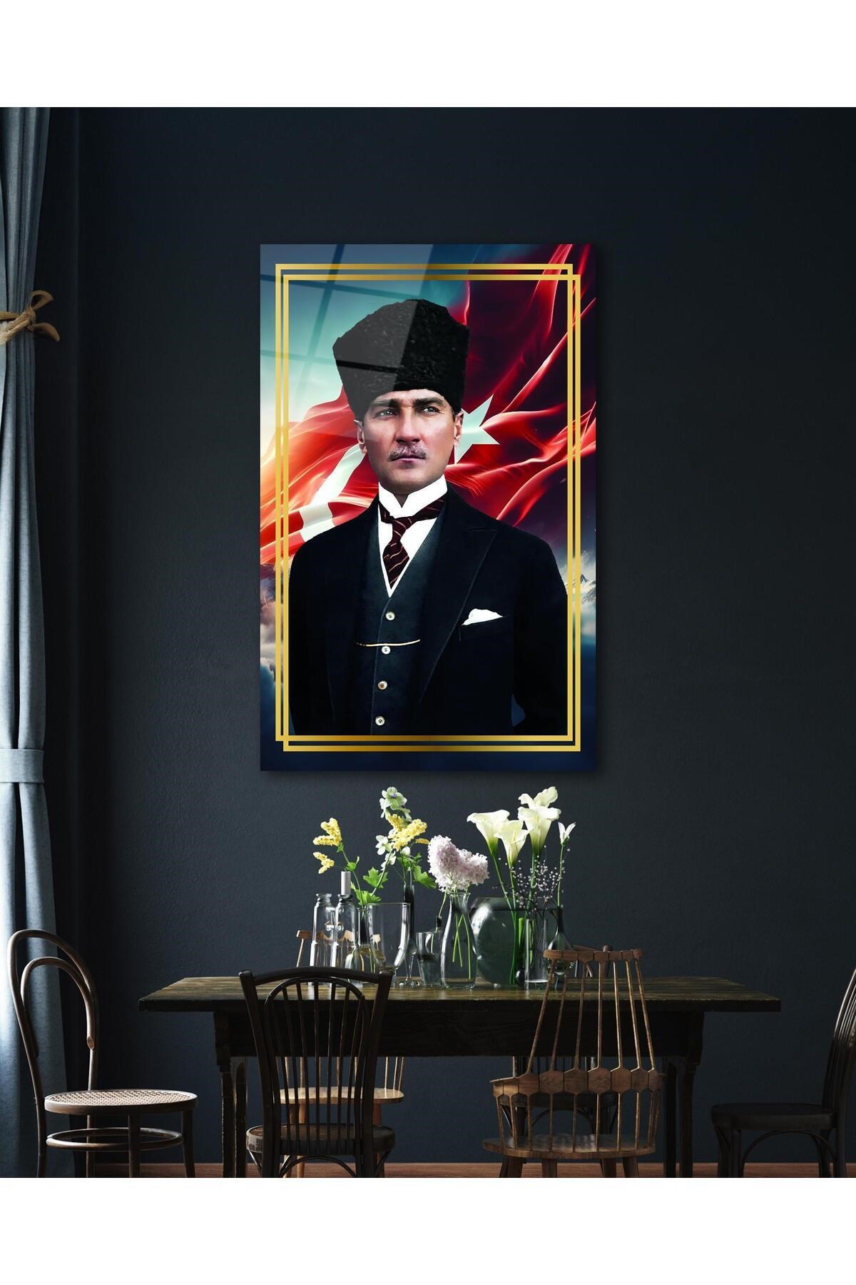Atatürk Portre ve Türk Bayrağı Cam Tablo Modern Ev Ofis Salon Hediyelik Büyük Tablo Duvar Dekoru - Görsel 4