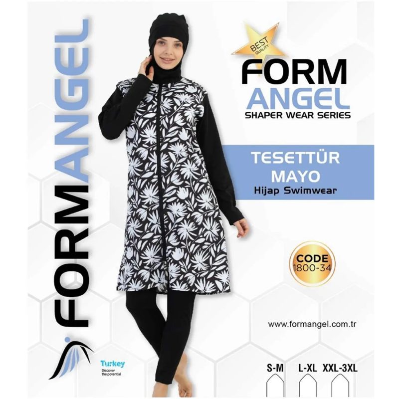 Form Angel 1800 Kadın Fermuarlı Desenli Taytlı Tesettür Mayo S-3XL - Siyah - S-M L-XL 2XL-3XL