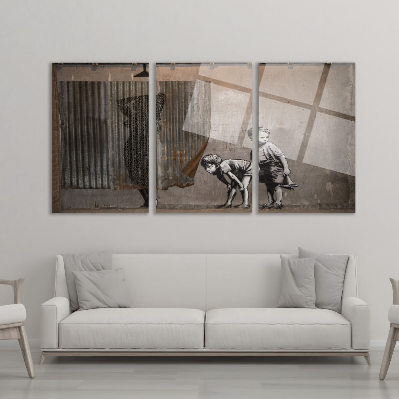 3'lü Set Cam Tablo Banksy Çocuklar Retro Street Art Vintage Dekorasyon