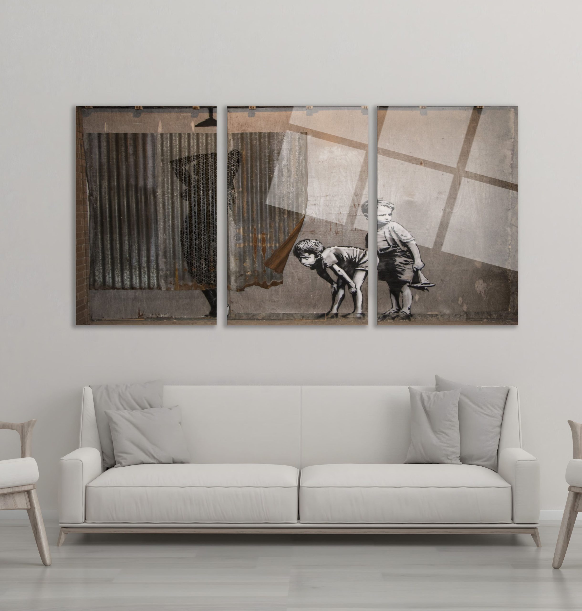 3'lü Set Cam Tablo Banksy Çocuklar Retro Street Art Vintage Dekorasyon