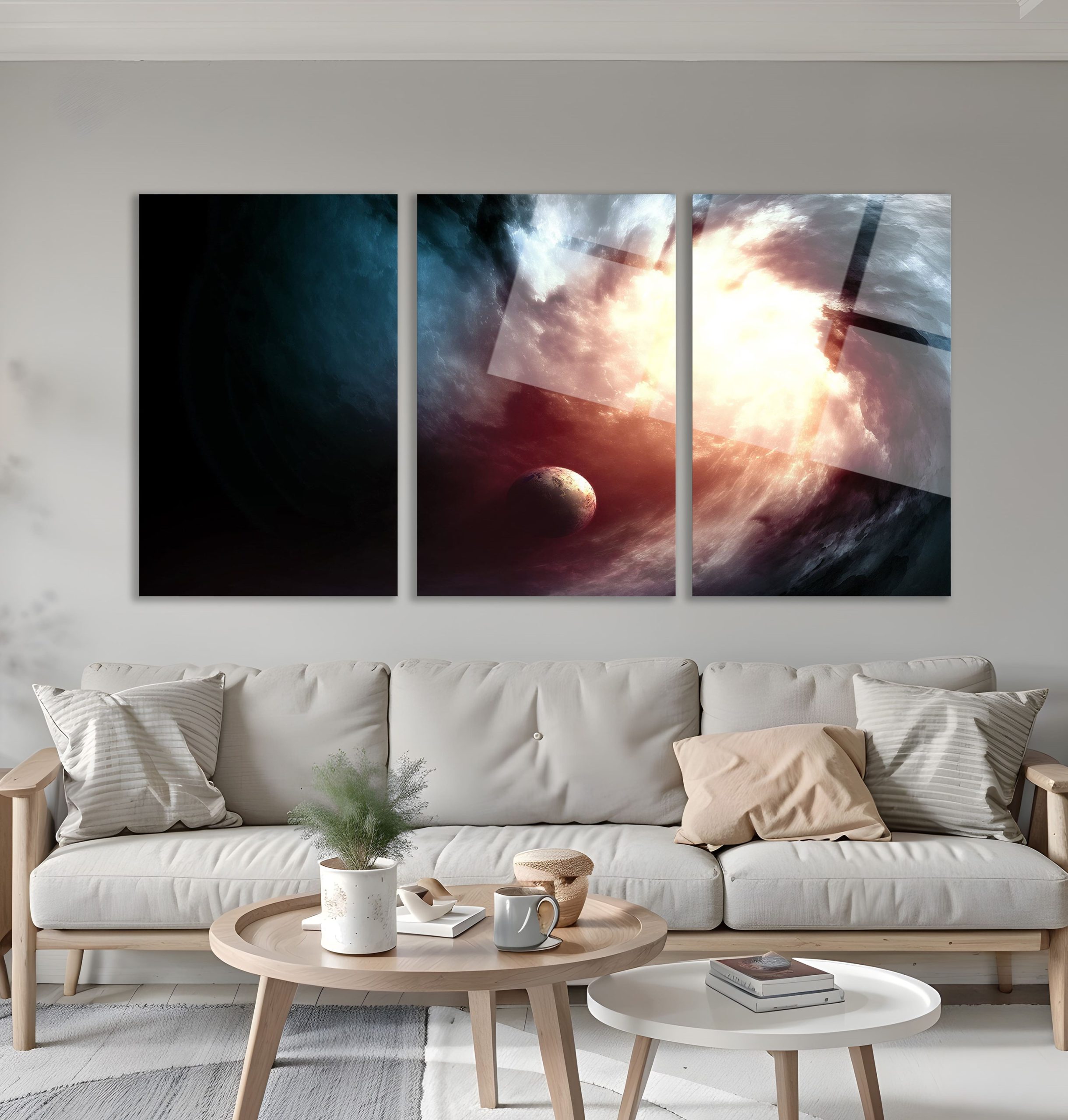 3'lü Set Cam Tablo Uzay Nebula Gezegen Fantastik Oturma Odası Dekorasyon - Görsel 5