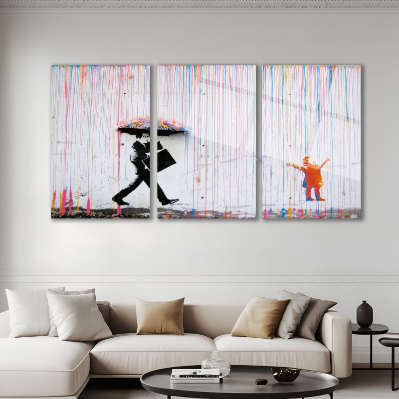 3'lü Set Cam Tablo Banksy Renkli Yağmur Sokak Sanatı Modern Dekorasyon