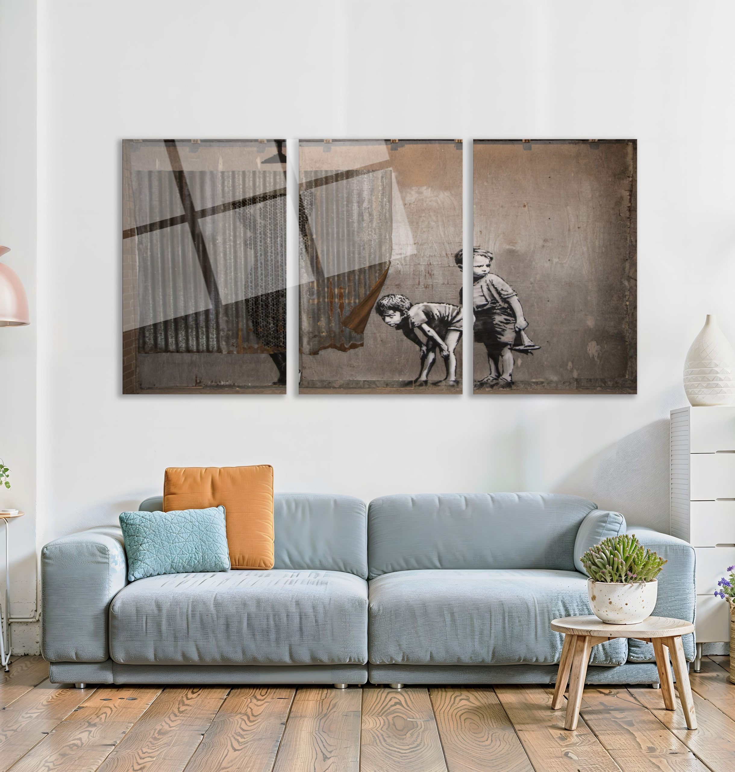 3'lü Set Cam Tablo Banksy Çocuklar Retro Street Art Vintage Dekorasyon - Görsel 3