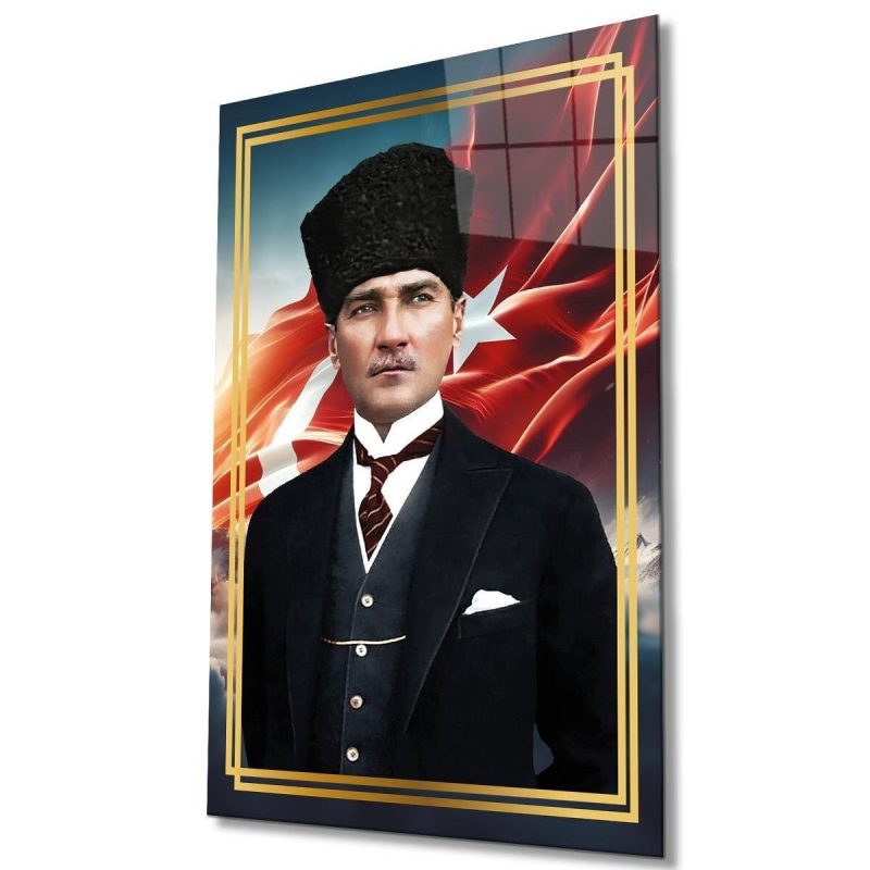 Atatürk Portre ve Türk Bayrağı Cam Tablo Modern Ev Ofis Salon Hediyelik Büyük Tablo Duvar Dekoru