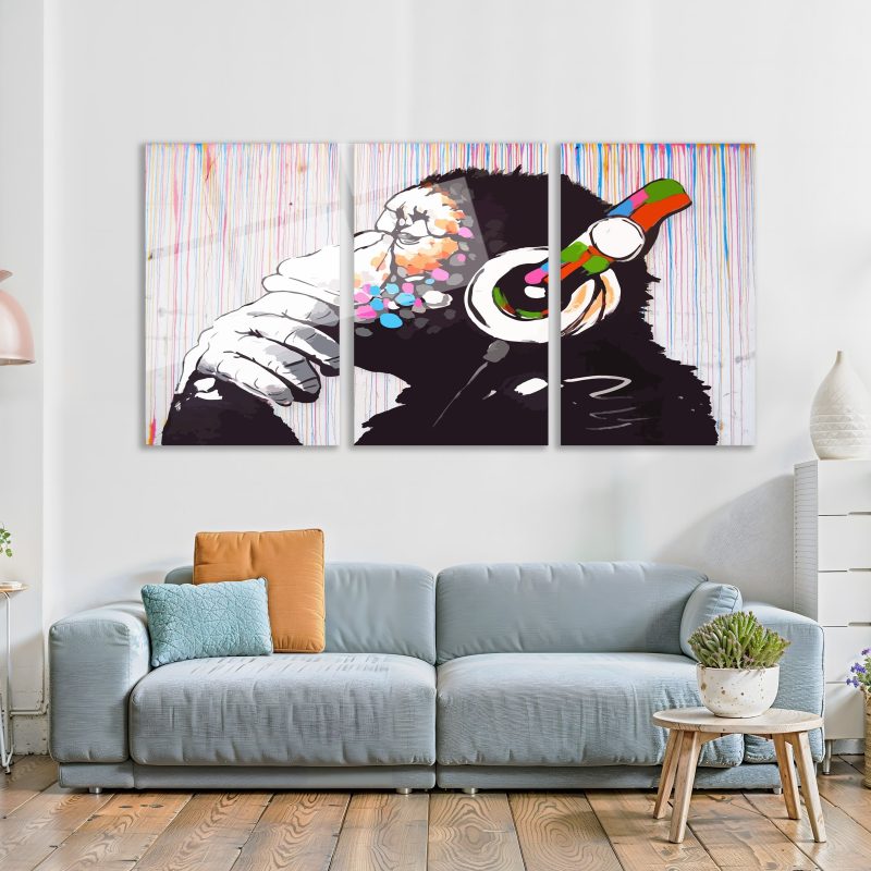 3'lü Set Cam Tablo Kulaklıklı Goril Banksy Pop Art Dekorasyon