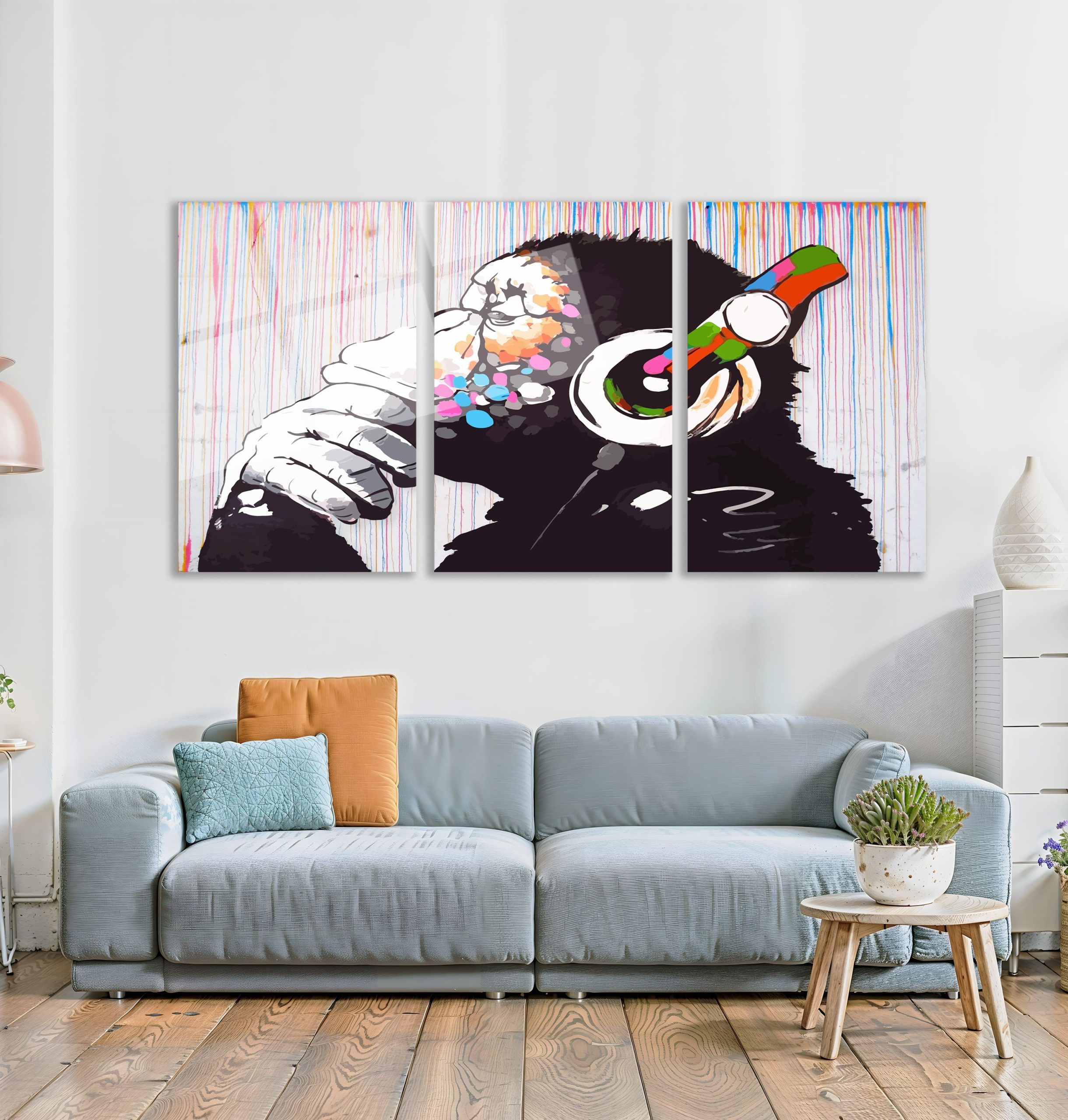 3'lü Set Cam Tablo Kulaklıklı Goril Banksy Pop Art Dekorasyon