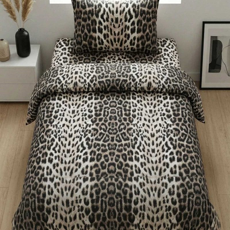 Leopar Desenli Pamuklu Lastikli Çarşaflı Tek Kişilik Nevresim Takımı (100x200 Cm)
