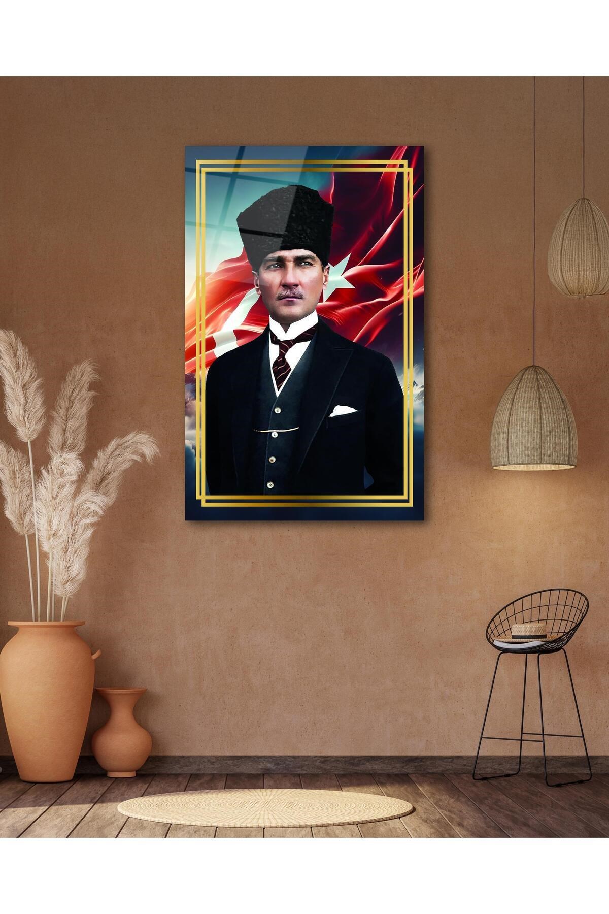 Atatürk Portre ve Türk Bayrağı Cam Tablo Modern Ev Ofis Salon Hediyelik Büyük Tablo Duvar Dekoru - Görsel 6