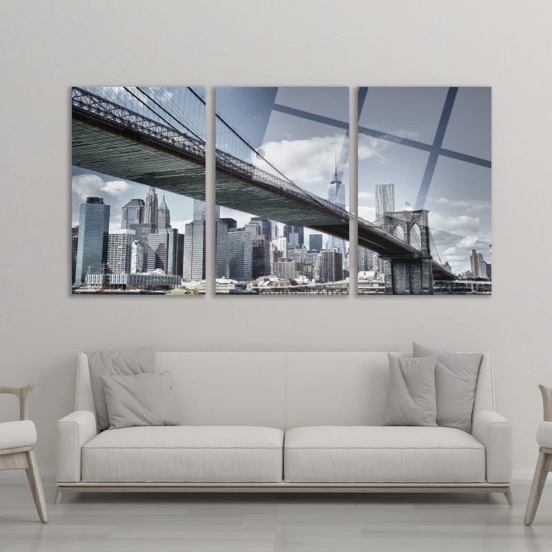 3'lü Set Cam Tablo Brooklyn Köprüsü New York Şehir Manzarası Dekorasyon