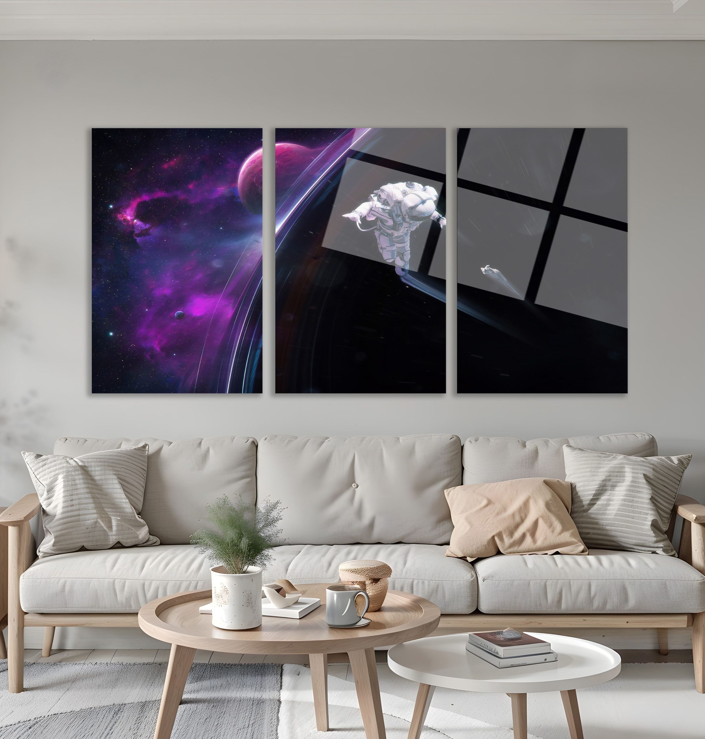3'lü Set Cam Tablo Astronot Satürn Uzayda Süzülme Dekorasyon - Görsel 5