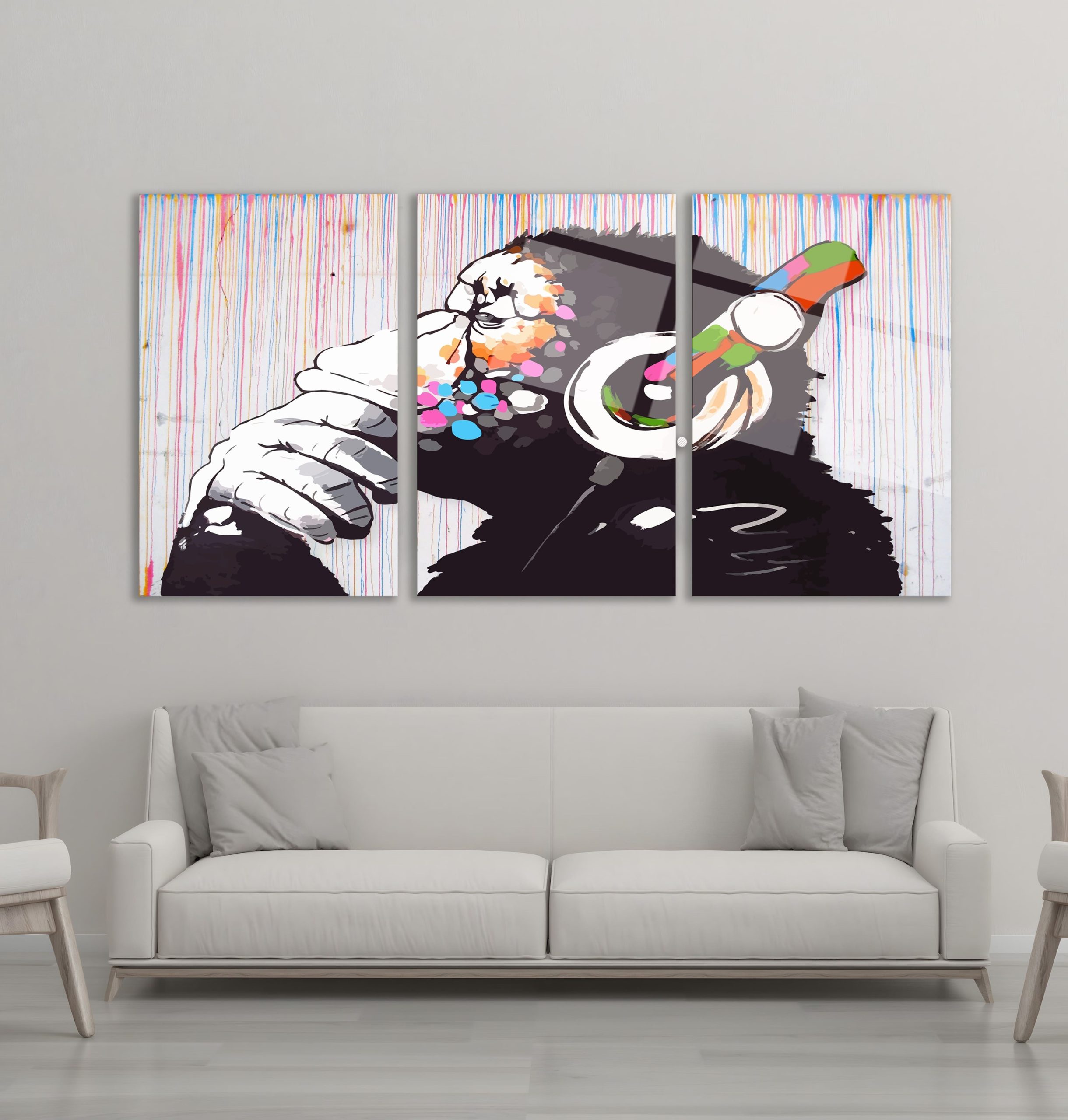 3'lü Set Cam Tablo Kulaklıklı Goril Banksy Pop Art Dekorasyon - Görsel 4