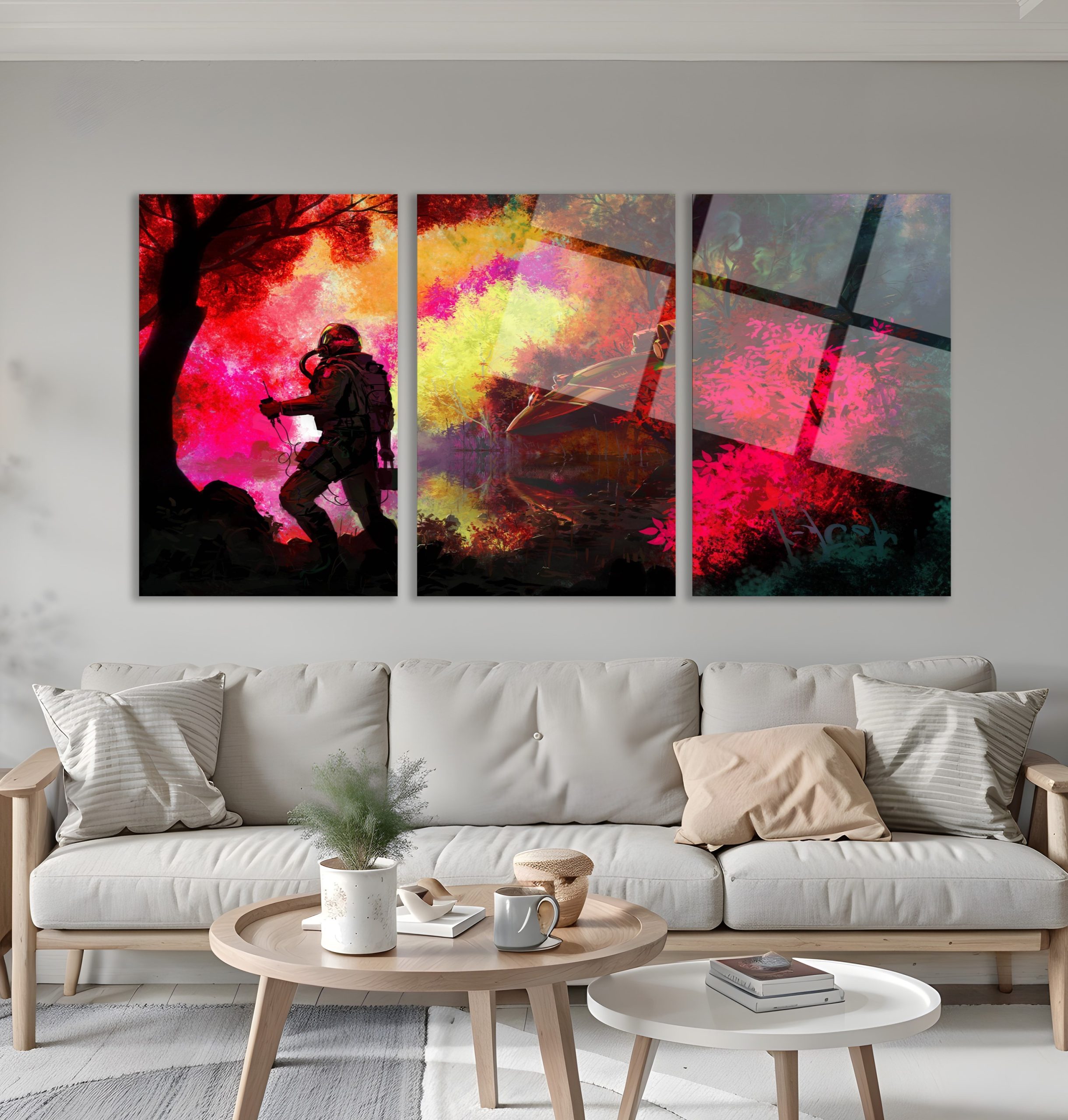3'lü Set Cam Tablo Fantastik Orman Astronot Dijital Sanat Dekorasyon - Görsel 4