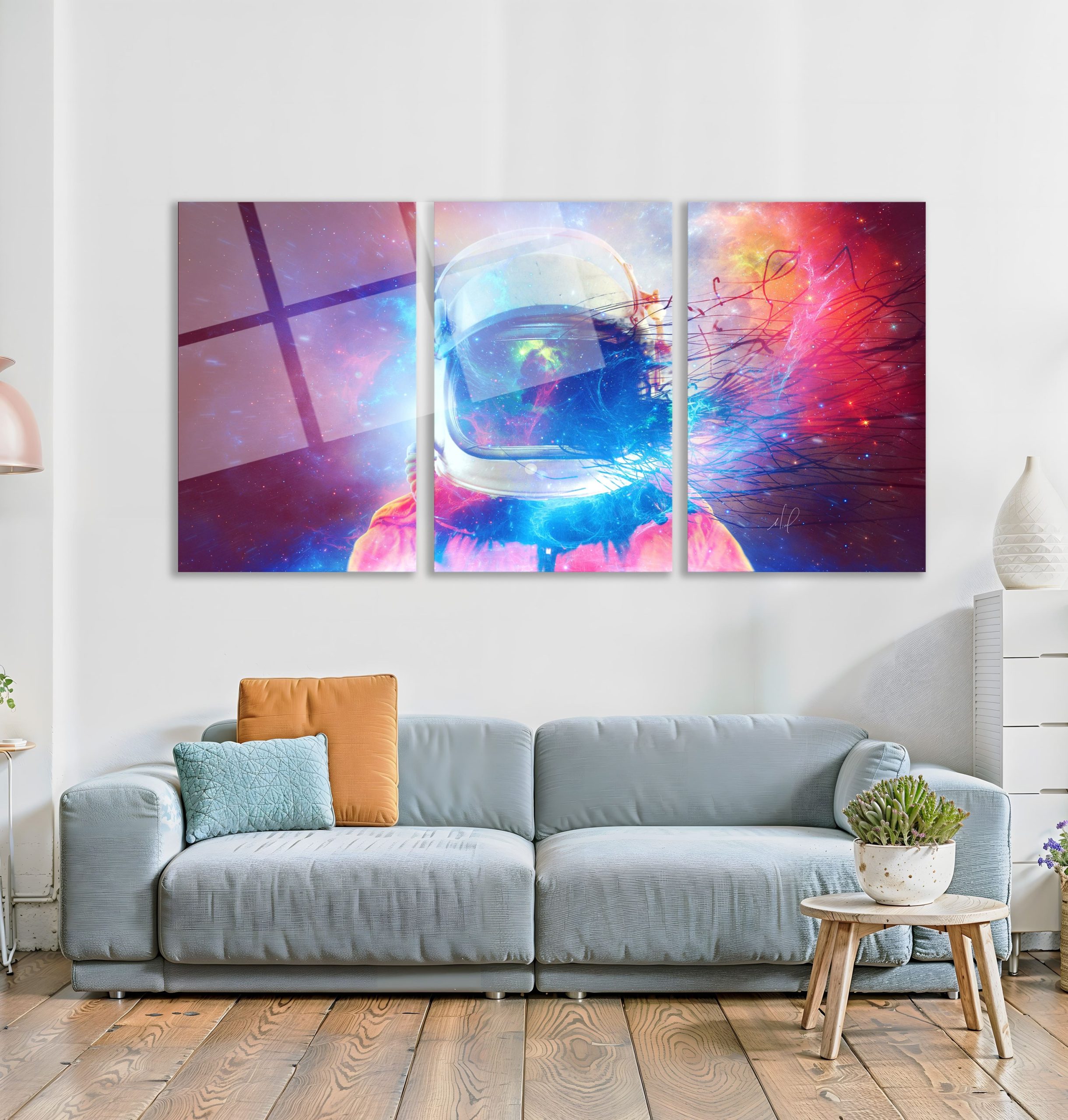 3'lü Set Cam Tablo Renkli Astronot Uzay Kask Dijital Sanat Dekorasyon - Görsel 3