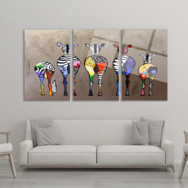 3'lü Set Cam Tablo Renkli Zebra Pop Art Hayvan Figürlü Dekorasyon