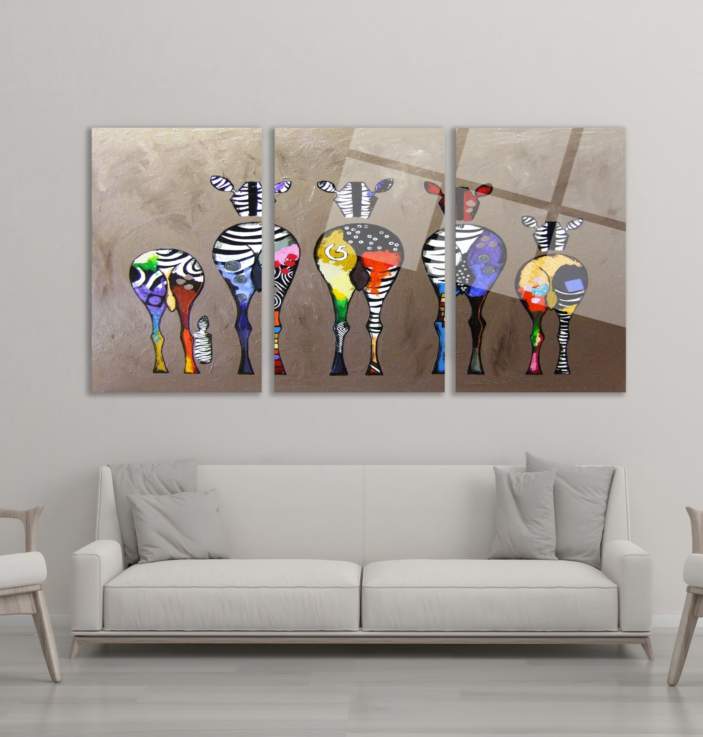 3'lü Set Cam Tablo Renkli Zebra Pop Art Hayvan Figürlü Dekorasyon