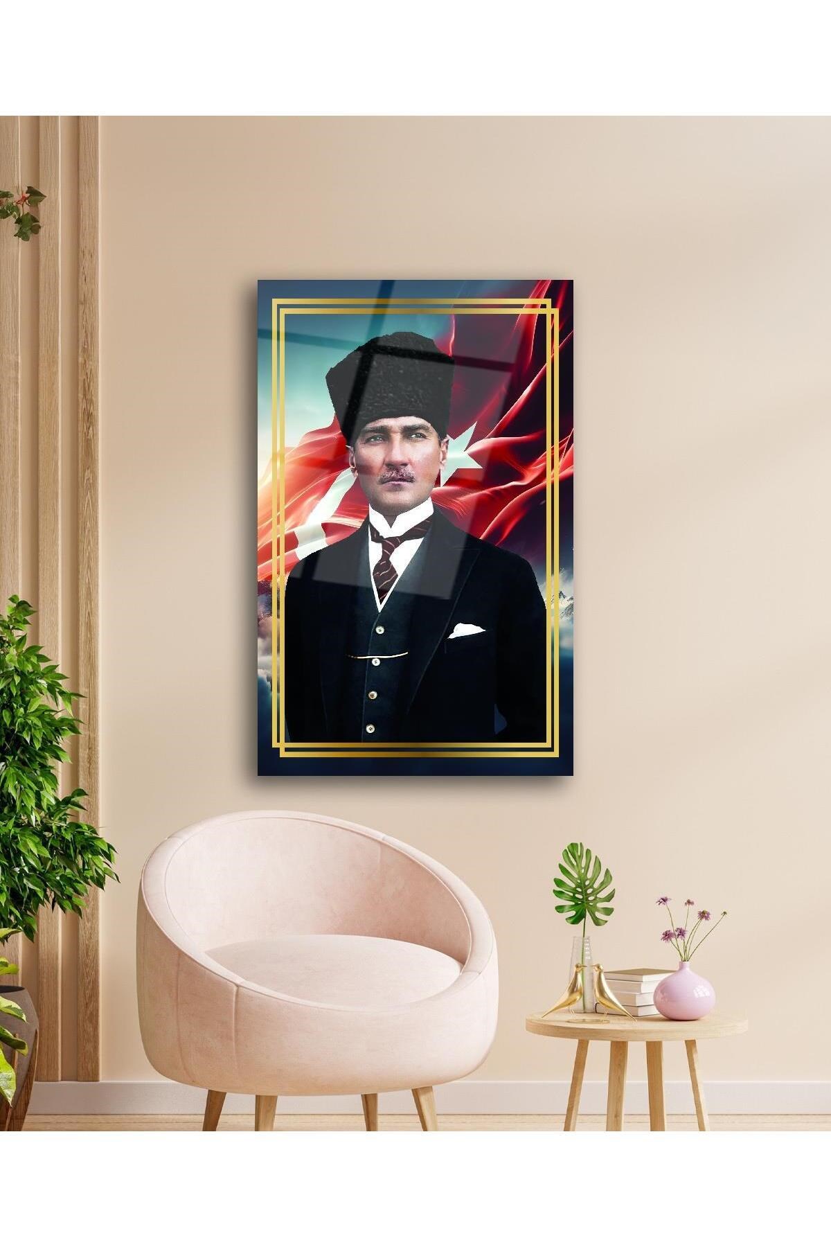 Atatürk Portre ve Türk Bayrağı Cam Tablo Modern Ev Ofis Salon Hediyelik Büyük Tablo Duvar Dekoru - Görsel 3