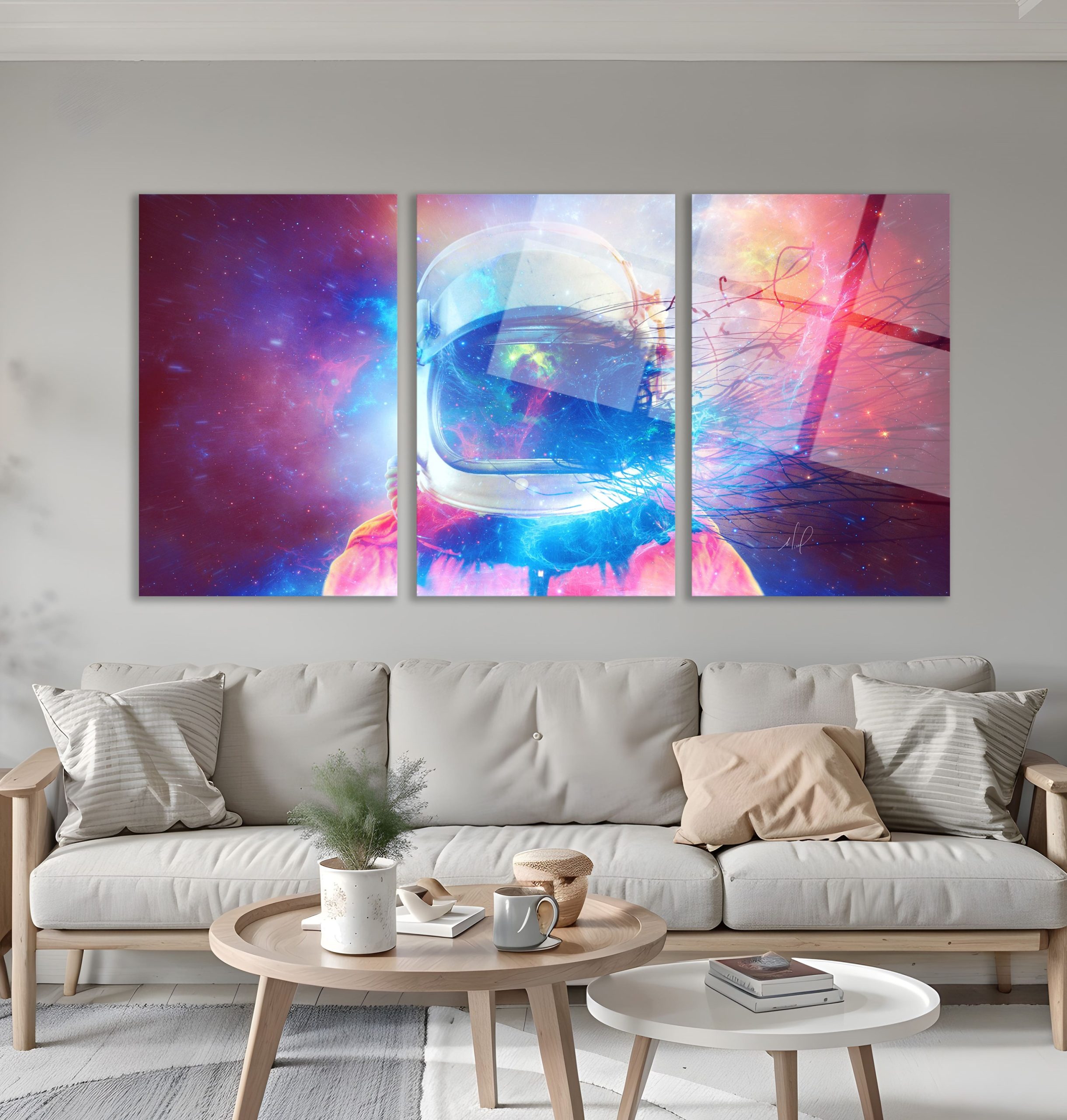 3'lü Set Cam Tablo Renkli Astronot Uzay Kask Dijital Sanat Dekorasyon - Görsel 5