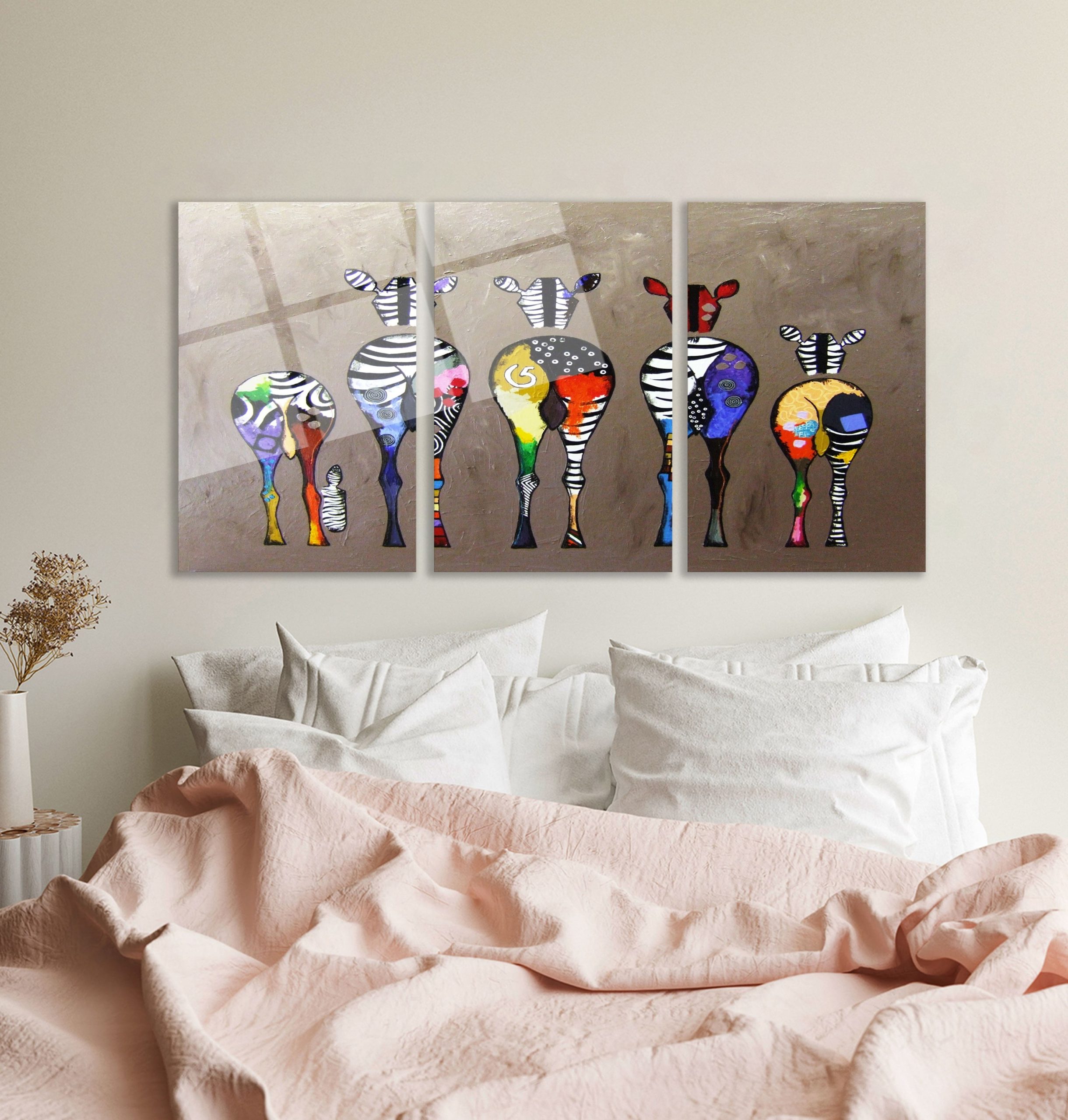 3'lü Set Cam Tablo Renkli Zebra Pop Art Hayvan Figürlü Dekorasyon - Görsel 4