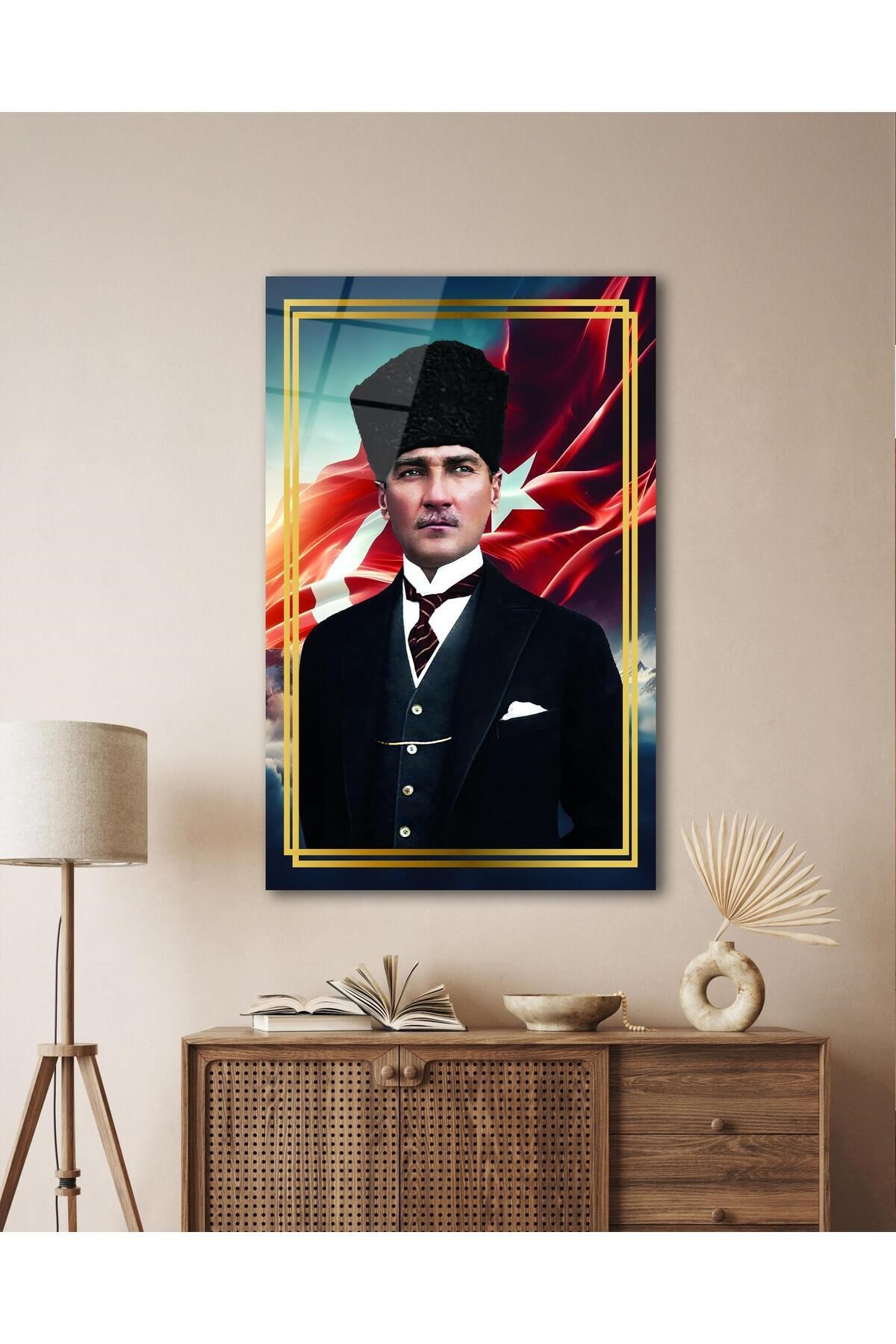 Atatürk Portre ve Türk Bayrağı Cam Tablo Modern Ev Ofis Salon Hediyelik Büyük Tablo Duvar Dekoru - Görsel 5