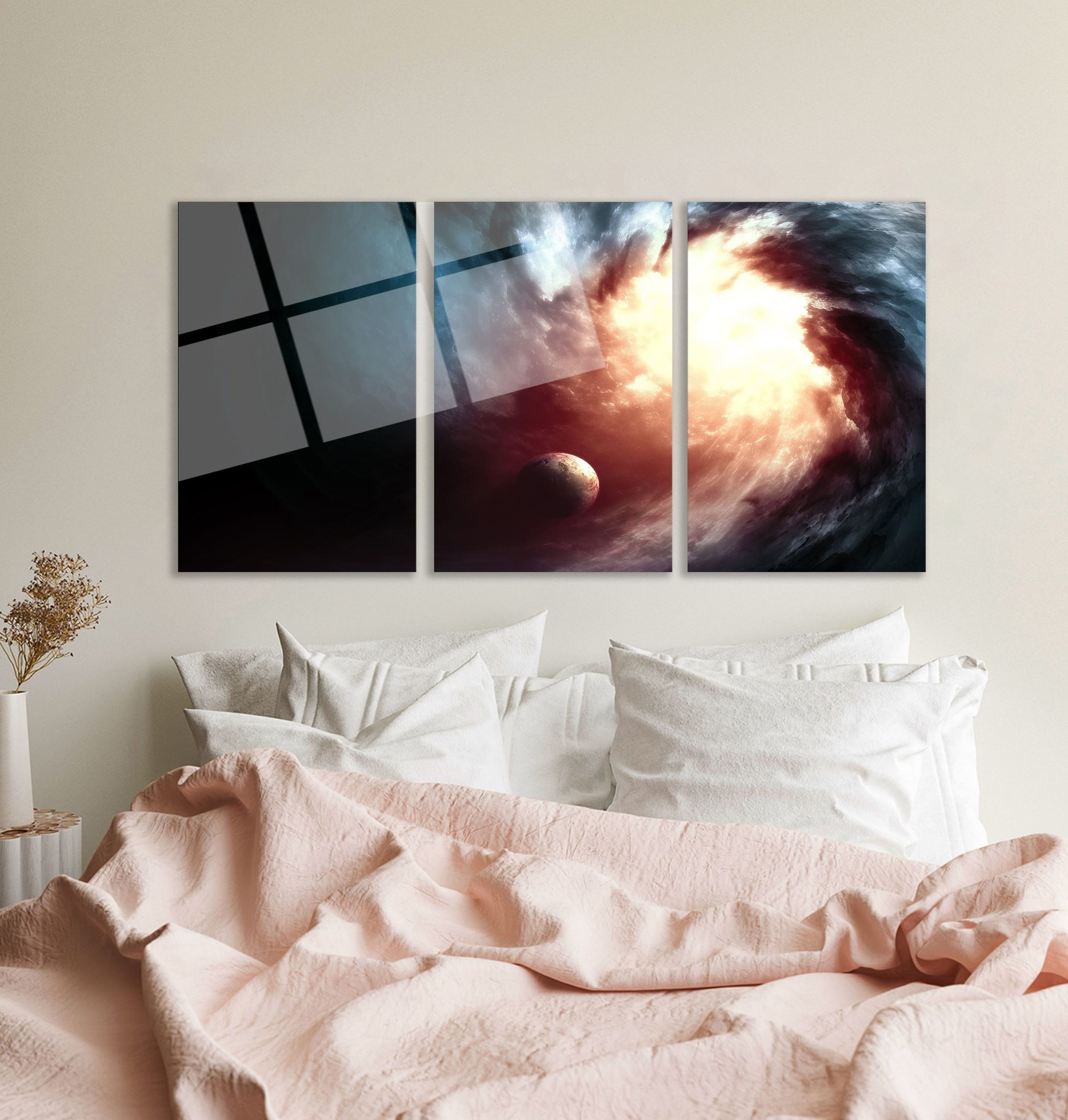 3'lü Set Cam Tablo Uzay Nebula Gezegen Fantastik Oturma Odası Dekorasyon - Görsel 4