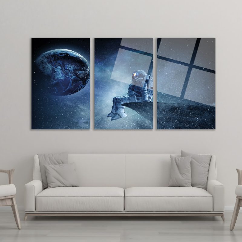 3'lü Set Cam Tablo Astronot Ay Yüzeyi Uzay Manzarası Dekorasyon