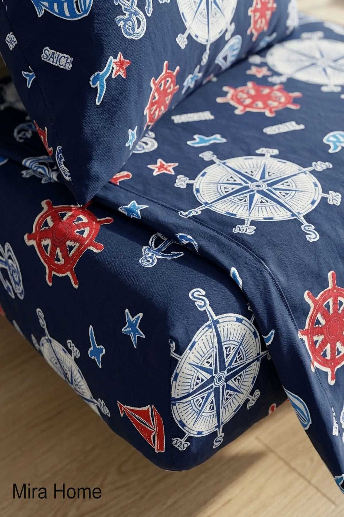 Deniz Temalı Çapa Desenli Pamuklu Lastikli Çarşaflı Tek Kişilik Nevresim Takımı 100x200 Cm - Görsel 3