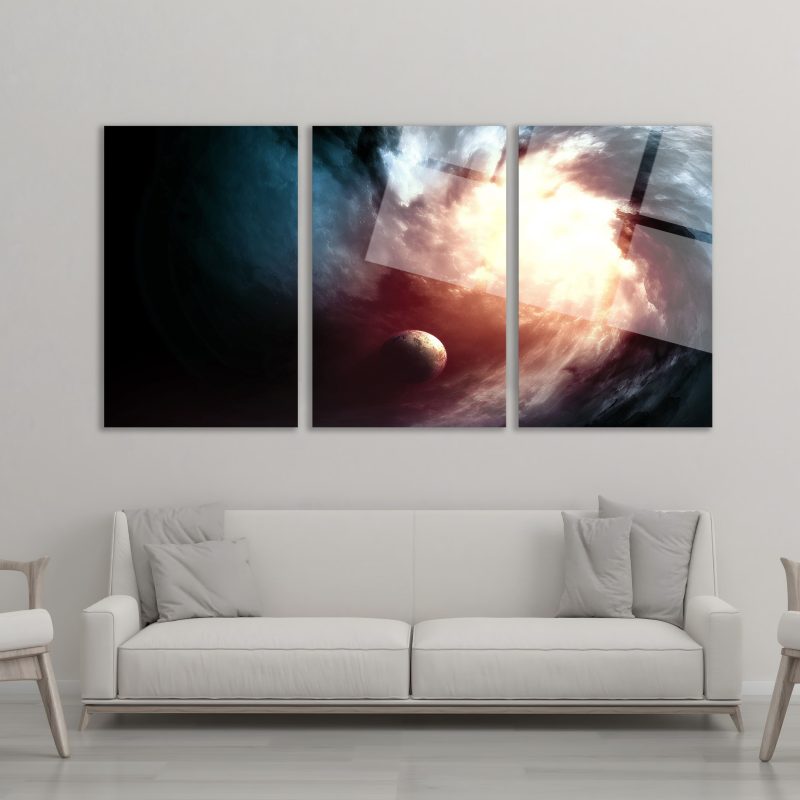 3'lü Set Cam Tablo Uzay Nebula Gezegen Fantastik Oturma Odası Dekorasyon