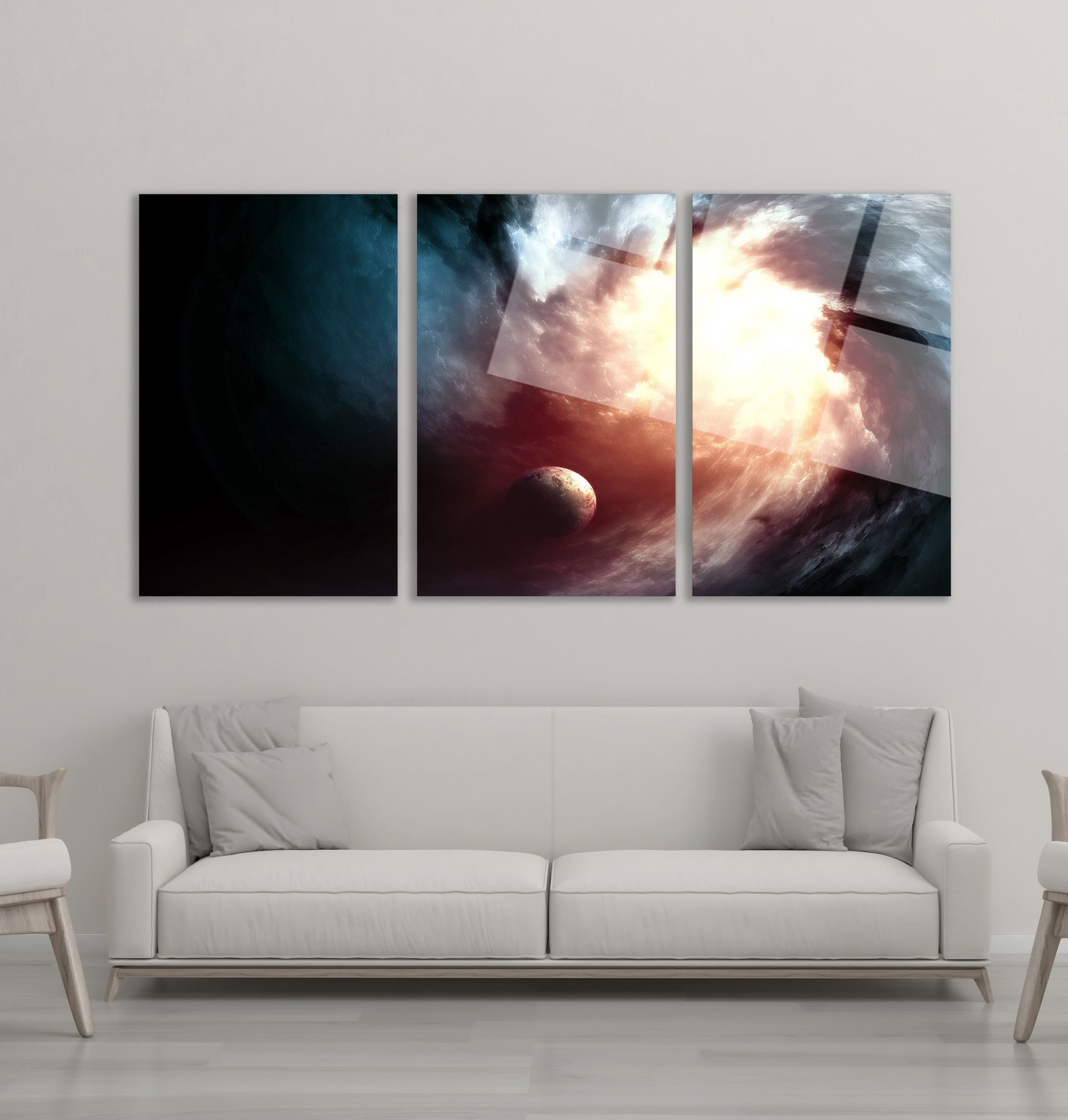 3'lü Set Cam Tablo Uzay Nebula Gezegen Fantastik Oturma Odası Dekorasyon