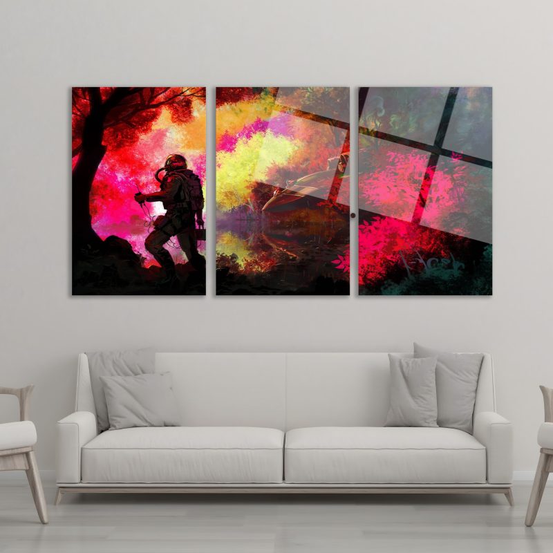 3'lü Set Cam Tablo Fantastik Orman Astronot Dijital Sanat Dekorasyon