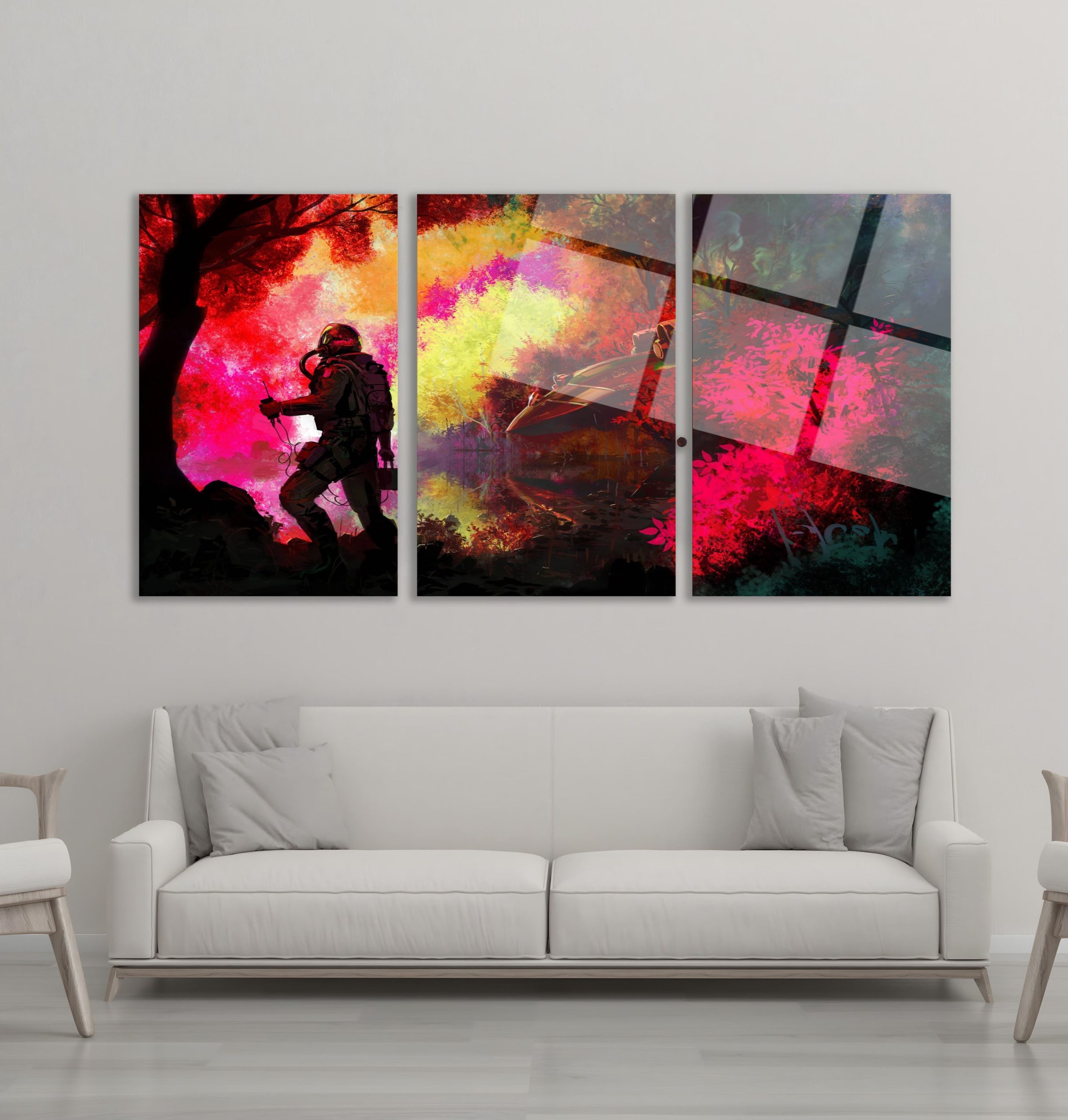 3'lü Set Cam Tablo Fantastik Orman Astronot Dijital Sanat Dekorasyon