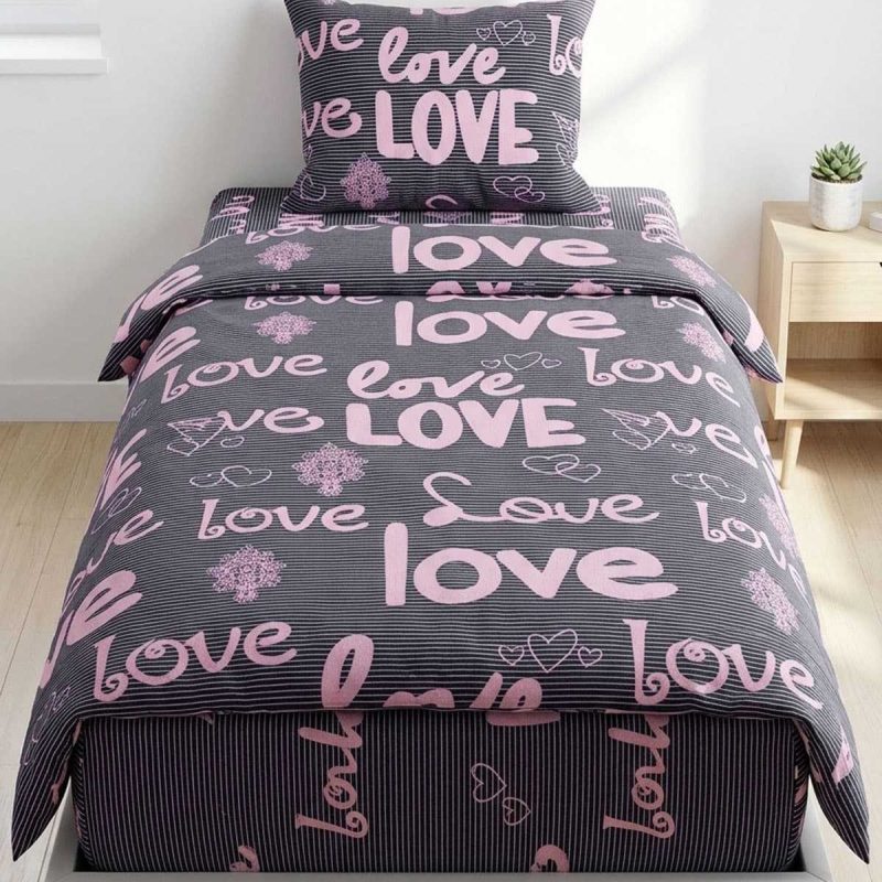 Love Yazılı Pamuklu Lastikli Çarşaflı Tek Kişilik Nevresim Takımı (100x200 Cm)