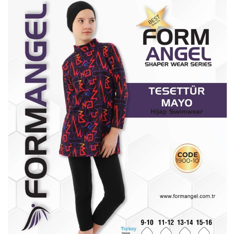 Form Angel 1900 Çocuk Uzun kollu Desenli Tesettür Mayo 9-16 Yaş - Siyah - 9-16 YAŞ