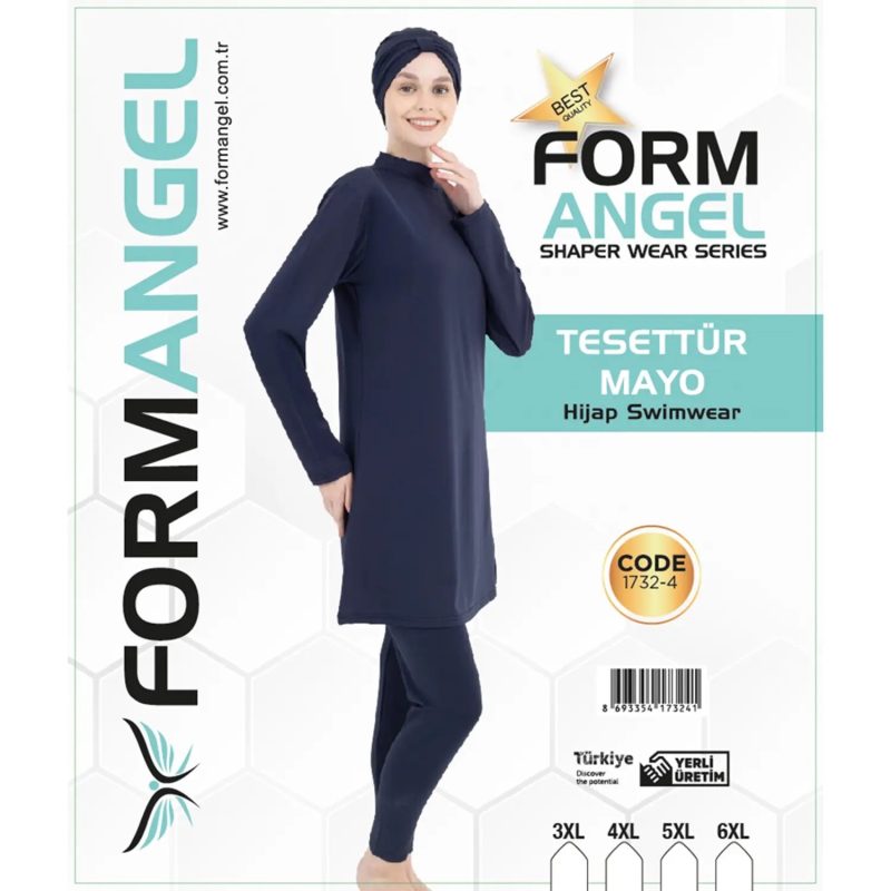 Form Angel 1732-4 Kadın Desenli Battal Paraşüt Taytlı Tesettür Mayo 3XL-6XL - Lacivert - 3XL-4XL-
