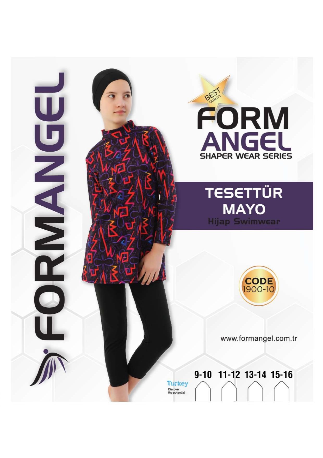 Form Angel 1900 Çocuk Uzun kollu Desenli Tesettür Mayo 9-16 Yaş - Siyah - 9-16 YAŞ
