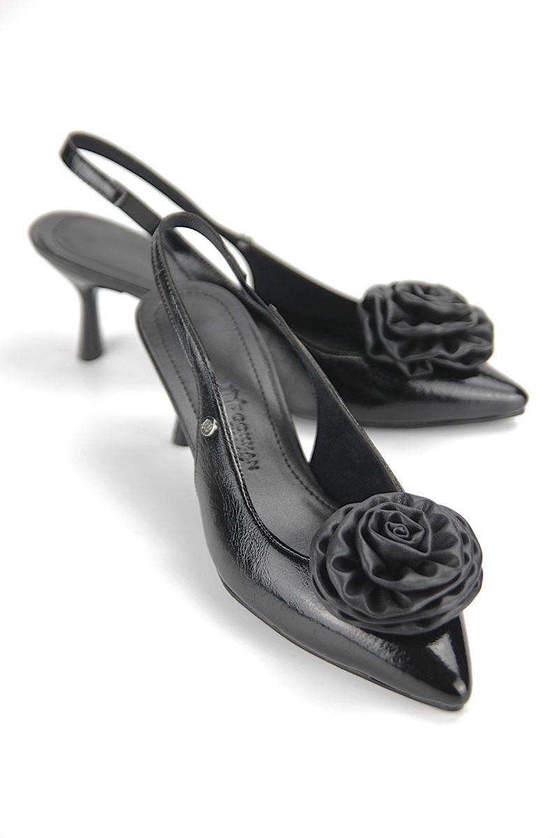 Rose Fairy Esnek Yumuşak Kaymaz Taban (4/6 cm) Siyah Rugan El Yapımı Lastikli Kadın Topuklu Ayakkabı - Görsel 3