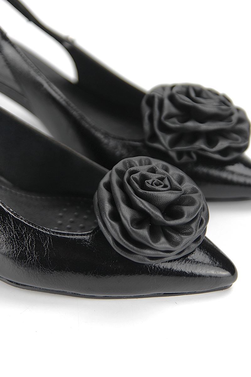 Rose Fairy Esnek Yumuşak Kaymaz Taban (4/6 cm) Siyah Rugan El Yapımı Lastikli Kadın Topuklu Ayakkabı - Görsel 4