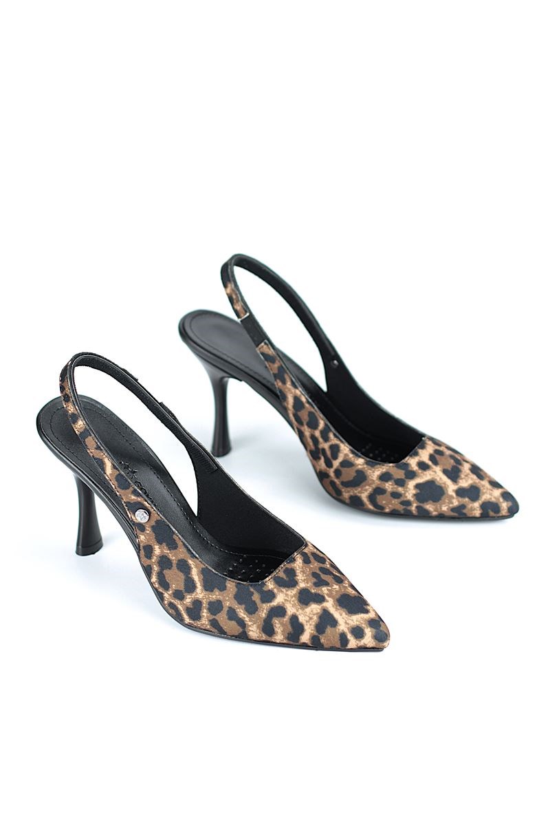 Lavender Esnek Yumuşak Kaymaz Taban (6-8 cm) Leopar Açık Lastikli Kadın Topuklu Ayakkabı - Görsel 3