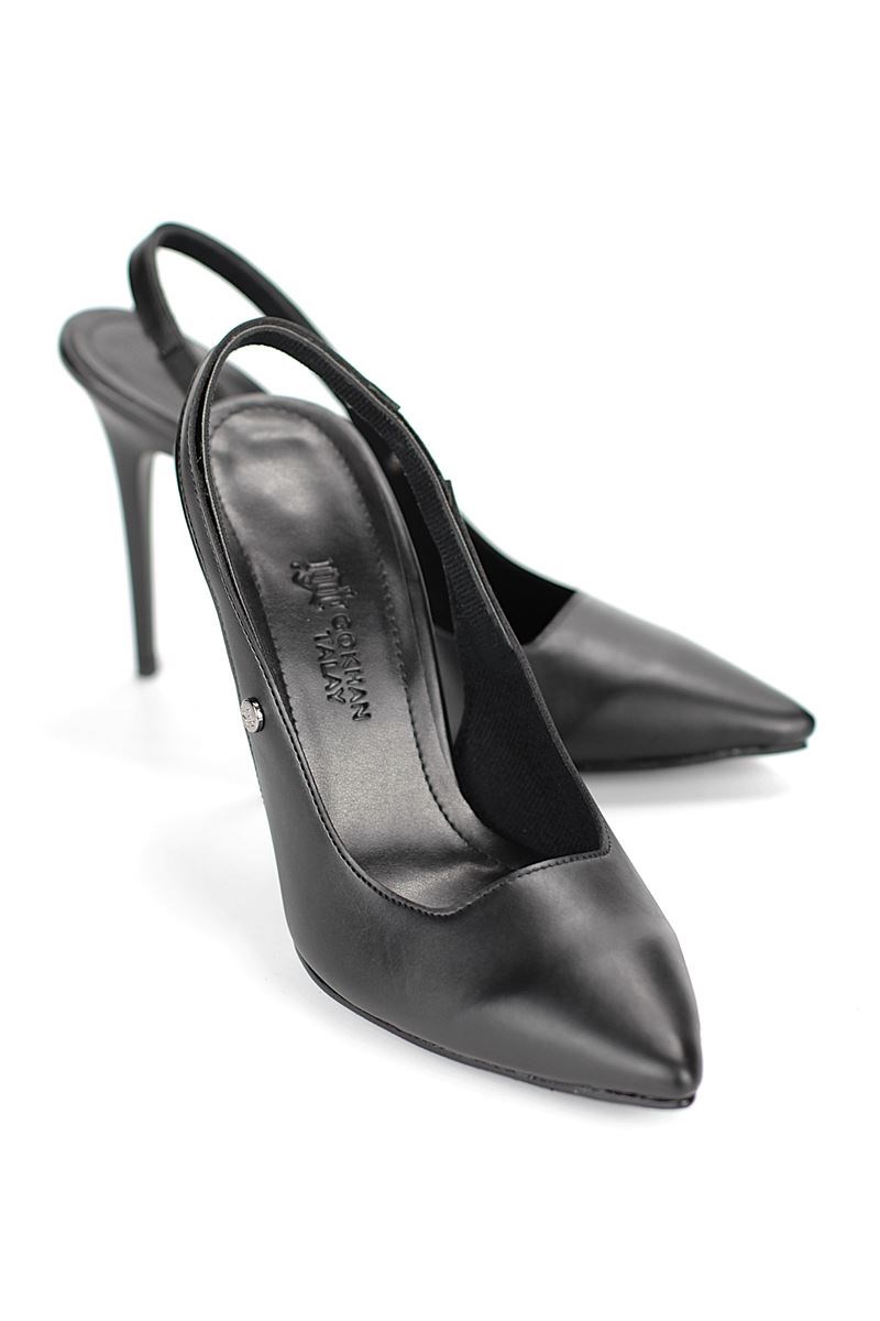 Zerina Siyah Cilt Esnek Yumuşak Kaymaz Taban İnce Topuklu (11cm) Kadın Stiletto - Görsel 4