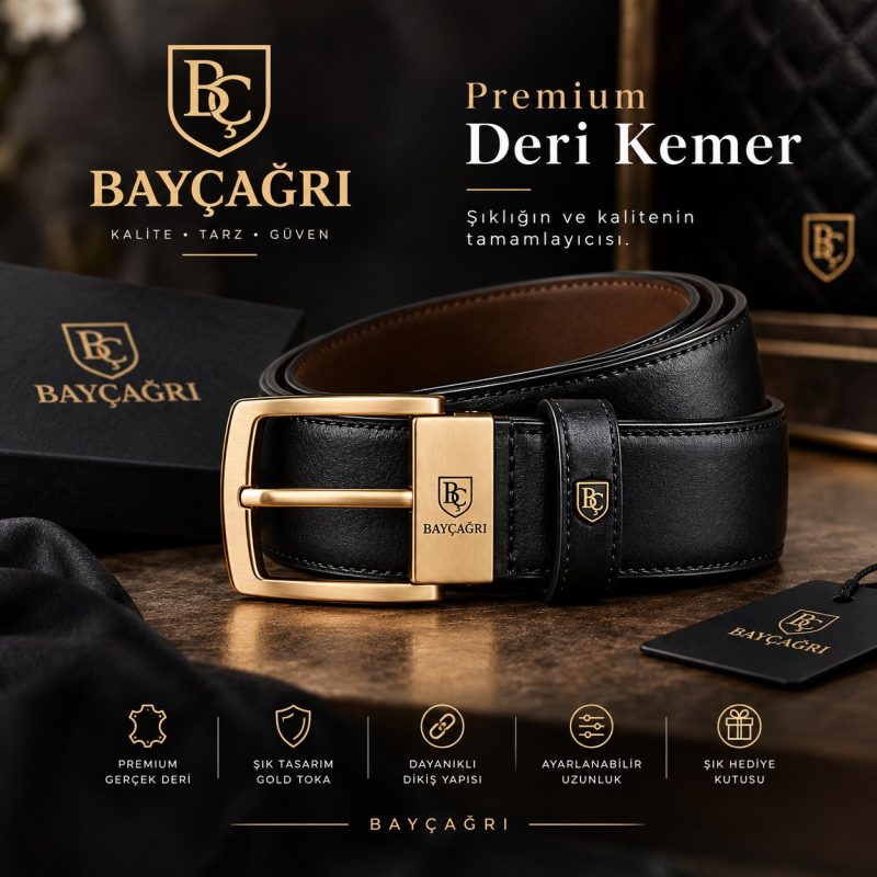 BAYÇAĞRI Premium Siyah Deri Kemer – Özel Tasarım Gold Logo Toka – Erkek Kemer