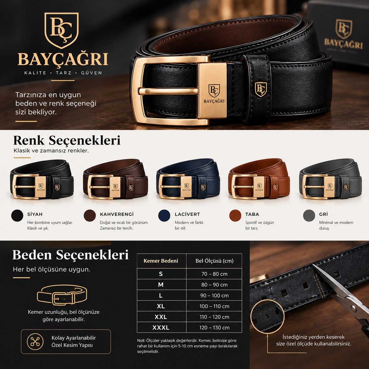 BAYÇAĞRI Premium Siyah Deri Kemer – Özel Tasarım Gold Logo Toka – Erkek Kemer - Görsel 4