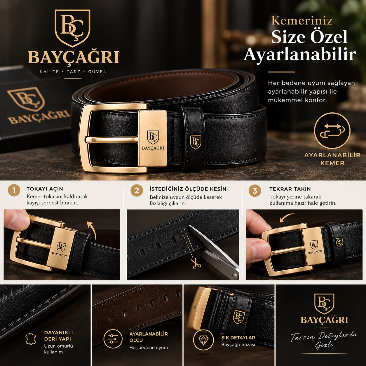BAYÇAĞRI Premium Siyah Deri Kemer – Özel Tasarım Gold Logo Toka – Erkek Kemer - Görsel 3